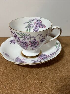 Gladstone Purple Floral Teacup & Saucer with Gold Trim